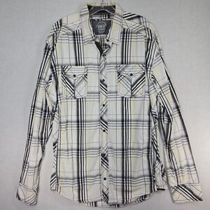 BKE Athletic Fit XL Plaid Button Up Shirt Black White Yellow Pearl Snap Western